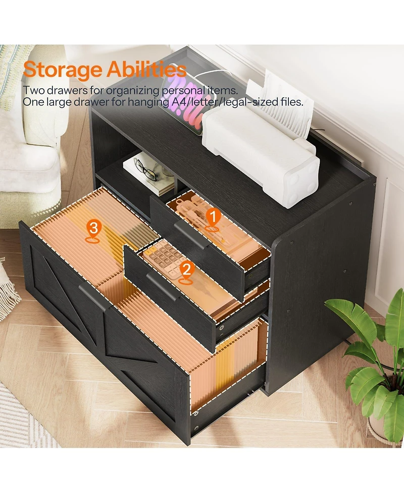 Slickblue Lateral File Cabinet with Power Charging Station, Letter and A4 Storage