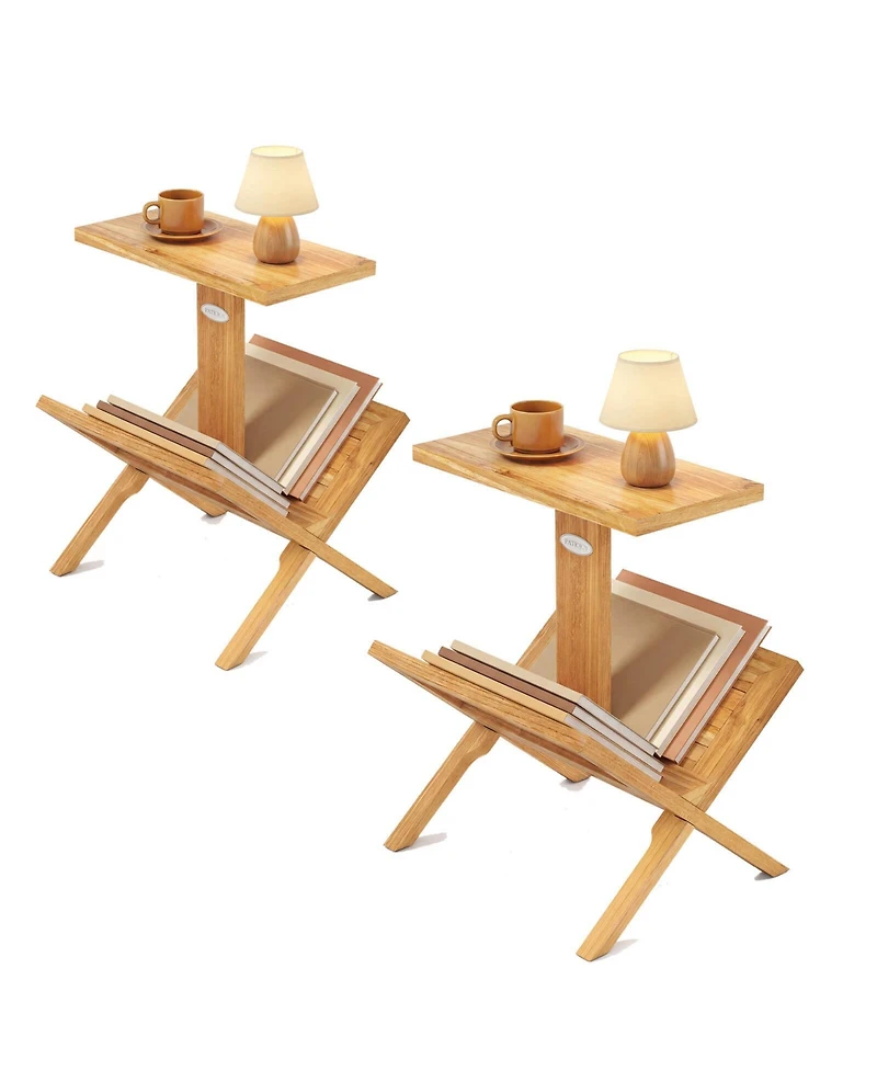 Gymax 2-Piece 2-Tier Bookshelf Small Bookcase with Teak Wood Frame and Anti-Slip Foot Mats