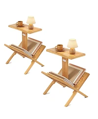 Gymax 2-Piece 2-Tier Bookshelf Small Bookcase with Teak Wood Frame and Anti-Slip Foot Mats