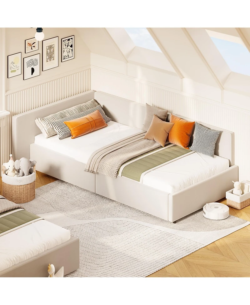 homfan Twin Daybed with Drawers, Velvet Corner Sofa Bed Guardrail and Storage for Bedroom