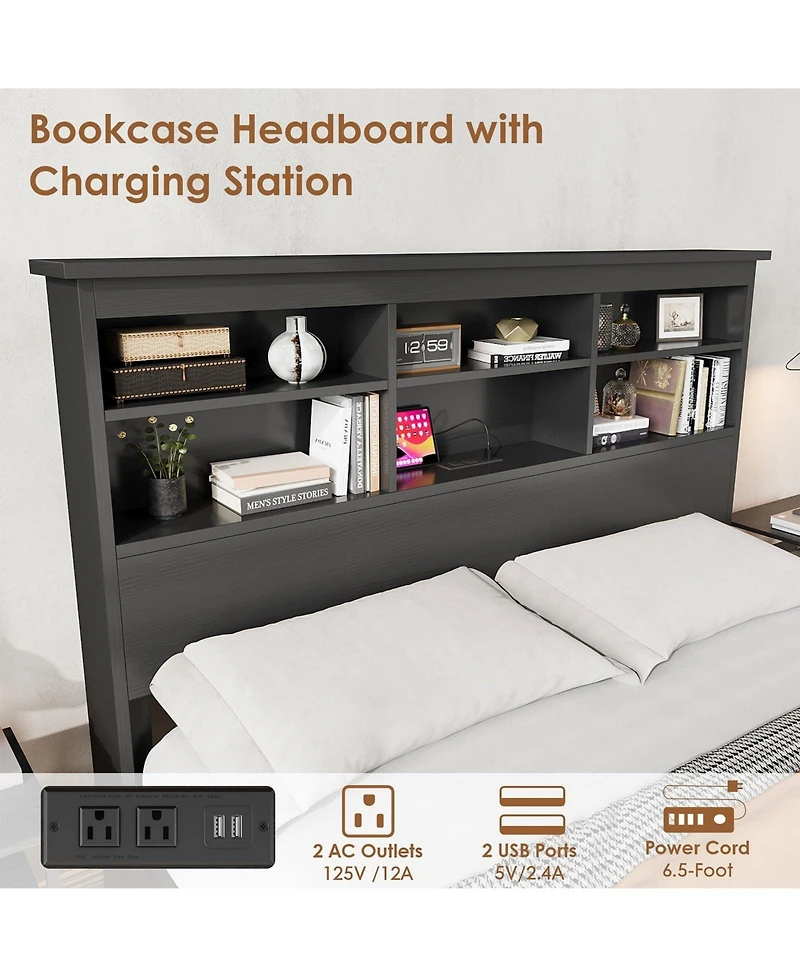 homfan Bed Frame with Bookcase Headboard, 2-Tier Storage Platform Bed with Charging Station, No Box Spring Needed
