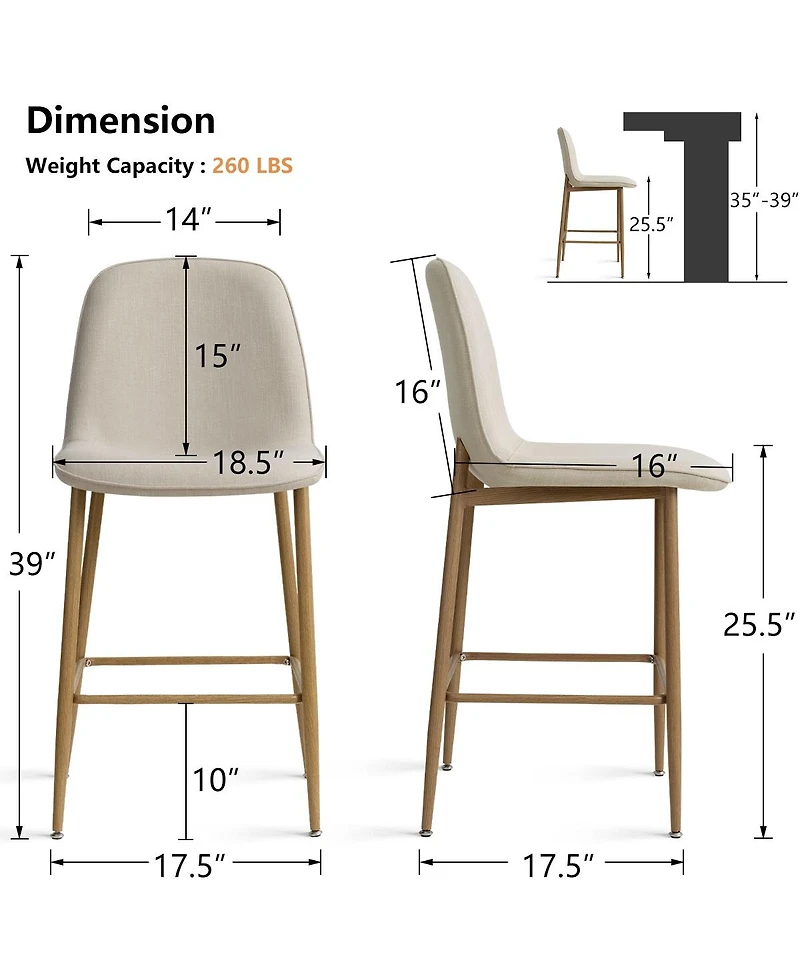 Maison Boucle Set of 6 25.5" Counter Height Stools, Fabric Upholstered, Metal Legs