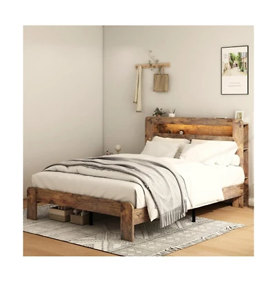 Lucky One King Size Wood Platform Bed Frame with Storage Led Headboard, Usb Charging, Wood Slats