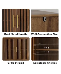 Sailvan 63" Walnut Sideboard Buffet Cabinet, Grille-Striped 4-Door Accent Cabinet