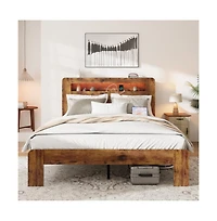Lucky One King Size Wood Platform Bed Frame with Storage Led Headboard, Usb Charging, Wood Slats