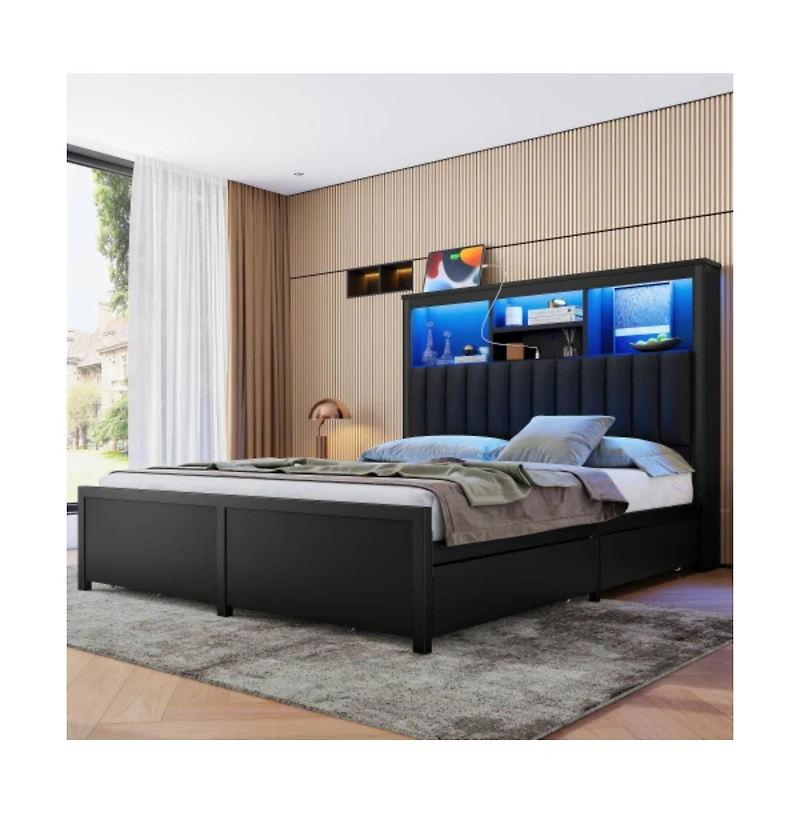 Lucky One King Size Bed Frame with High Storage Headboard, Led Lights, Usb Charging Station, 4 Drawers, All-Metal Support, 1200lbs