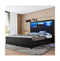 Lucky One King Size Bed Frame with High Storage Headboard, Led Lights, Usb Charging Station, 4 Drawers, All-Metal Support, 1200lbs