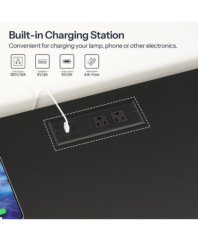 Slickblue Wooden Bedside Table with Charging Station, Led Lights and Shelf