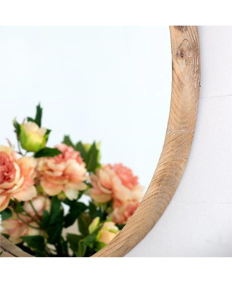 Laoties 28" Rustic Round Wood Wall Mirror, Farmhouse Fir Wood Circle Mirror for Living Room