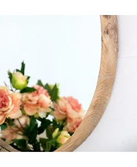 Laoties 28" Rustic Round Wood Wall Mirror, Farmhouse Fir Wood Circle Mirror for Living Room