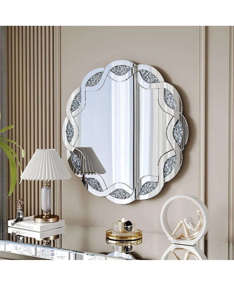 Laoties 31.5" Round Wall Mirror, Diamond Decorative Vanity Mirror for Bathroom, Entryway and Living Room
