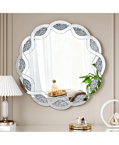 Laoties 31.5" Round Wall Mirror, Diamond Decorative Vanity Mirror for Bathroom, Entryway and Living Room