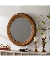 Laoties 31" Round Wall Mirror, Hammered Iron Frame Rustic Accent Mirror for Living Room and Entryway