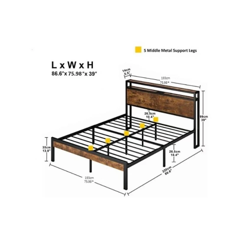 Lucky One King Size Metal Platform Bed Frame with Wooden Headboard and Footboard, Usb Ports, No Box Spring Needed