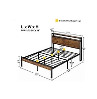 Lucky One King Size Metal Platform Bed Frame with Wooden Headboard and Footboard, Usb Ports, No Box Spring Needed