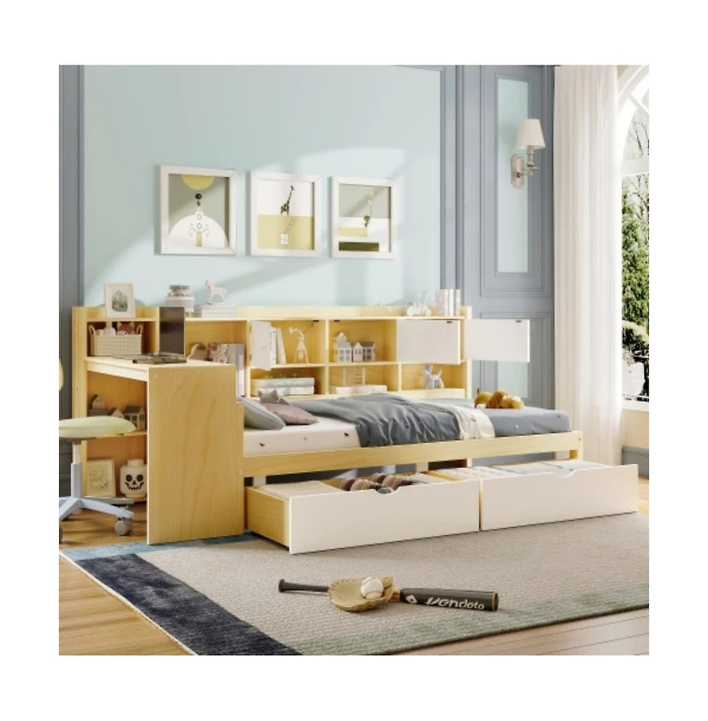 Lucky One Twin Size Wooden L-Shape Daybed with 7 Storage Cabinets, 2 Drawers, Study Desk, Bookshelf, No Box Spring Needed
