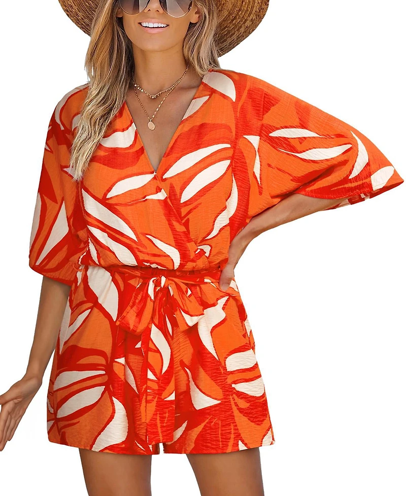Cupshe Women's Ribbed V-Neck Tie Waist Short Sleeve Romper