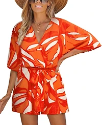 Cupshe Women's Ribbed V-Neck Tie Waist Short Sleeve Romper
