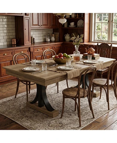 homfan 71 Inch Dining Table for 6 to 8 with 2 Drawers, Double Pedestal Industrial Wooden Kitchen Table