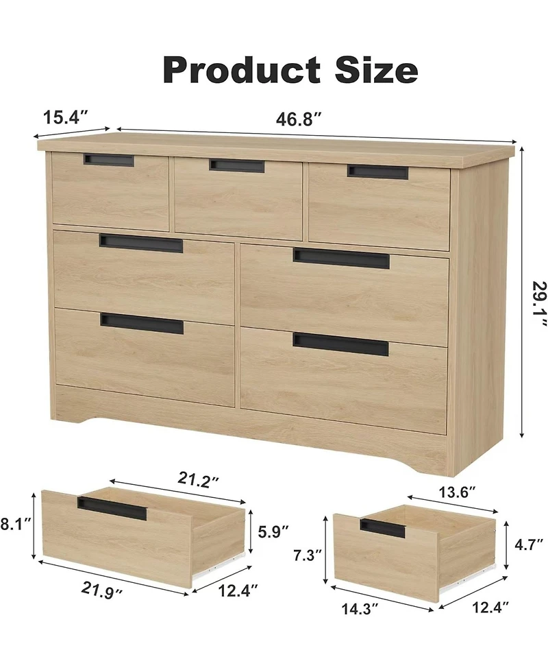 gaomon 7-Drawer Modern Oak Dresser Bedroom Storage Cabinet with Embedded Handles, Chest for Living Room, Nursery, Natural Oak