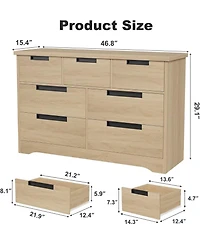 gaomon 7-Drawer Modern Oak Dresser Bedroom Storage Cabinet with Embedded Handles, Chest for Living Room, Nursery, Natural Oak