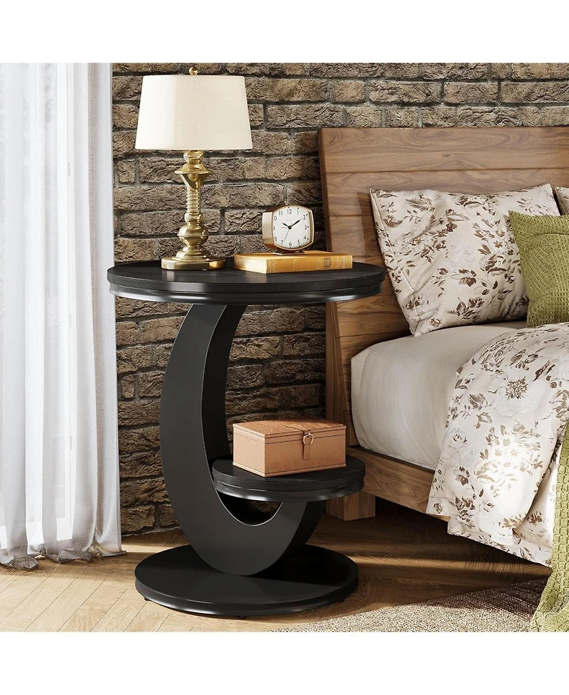 Tribesigns Round End Table, 2 Tiers Side Table with Storage Shelf, C-Shaped Frame for Small Spaces, Living Room, Easy to Assemble