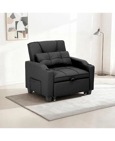 homfan Convertible Sleeper Chair Pull Out Bed, Single Sofa Recliner with Vibration Massage, Usb/Type-c Ports, Cup Holders and Side Pocket