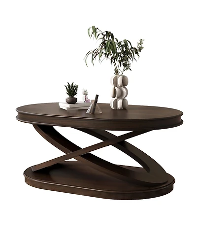 Rainsken Vintage 2-Tier Oval Coffee Table, Wood Center Table with X-Shaped Base and Open Storage for Living Room