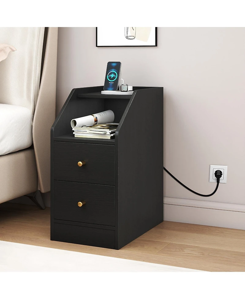 Slickblue End Table with Charging Station, Sofa Side Drawers and Storage Shelf