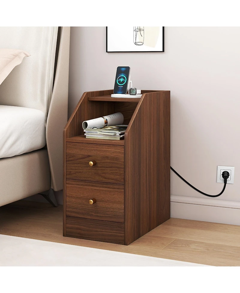 Slickblue End Table with Charging Station, Sofa Side Table with Drawers and Storage Shelf