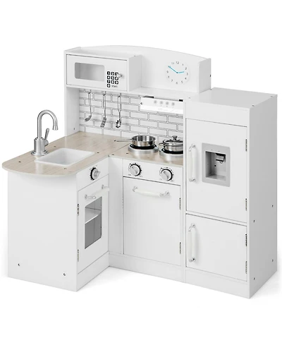 Gymax Kid's Corner Kitchen Playset Wooden Chef Play with Sink Stove Range Hood Utensils