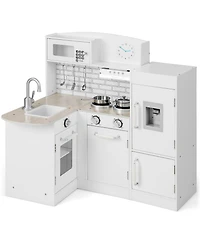 Gymax Kid's Corner Kitchen Playset Wooden Chef Play with Sink Stove Range Hood Utensils