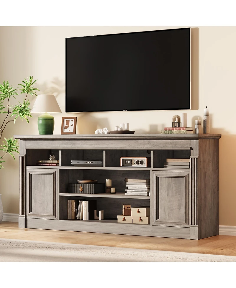 homfan 68" Farmhouse Tv Stand for Up to 75", Entertainment Center Console Table with Open Storage Shelves and Cabinets (No Fireplace)