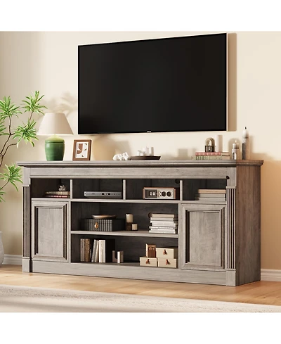 homfan 68" Farmhouse Tv Stand for Up to 75", Entertainment Center Console Table with Open Storage Shelves and Cabinets (No Fireplace)