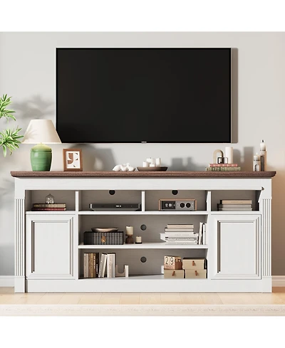 homfan 68" Farmhouse Tv Stand for Tv Up to 75", Entertainment Center Console Table with Open Storage Shelves and Cabinets (No Fireplace)