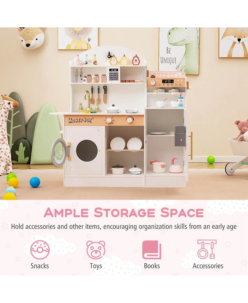 Costway Kids Kitchen Set Wooden Kitchen Playset with Clock, Microwave, Sink, Dish Rack
