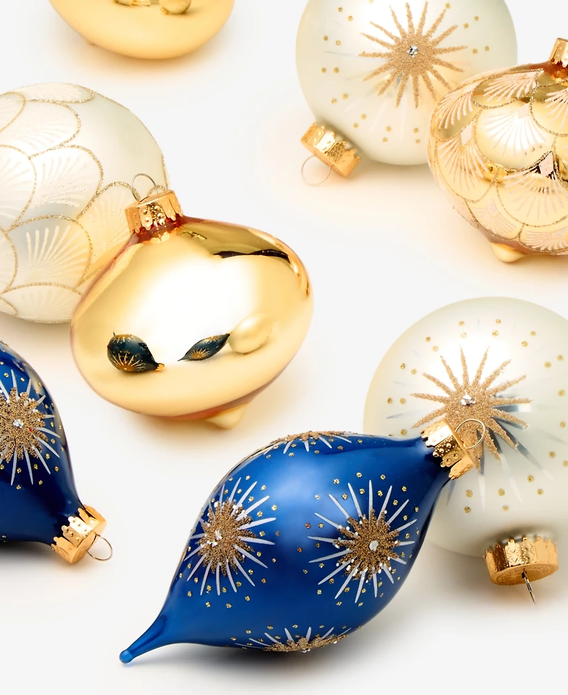 Holiday Lane Opulence Set of 8 Glass Gold, White and Blue Mixed Ornaments, Macy's Exclusive