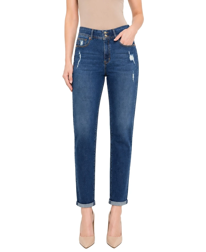 Indigo Poppy Women's Two Button Tummy Tuck High Rise Roll Cuff Skinny