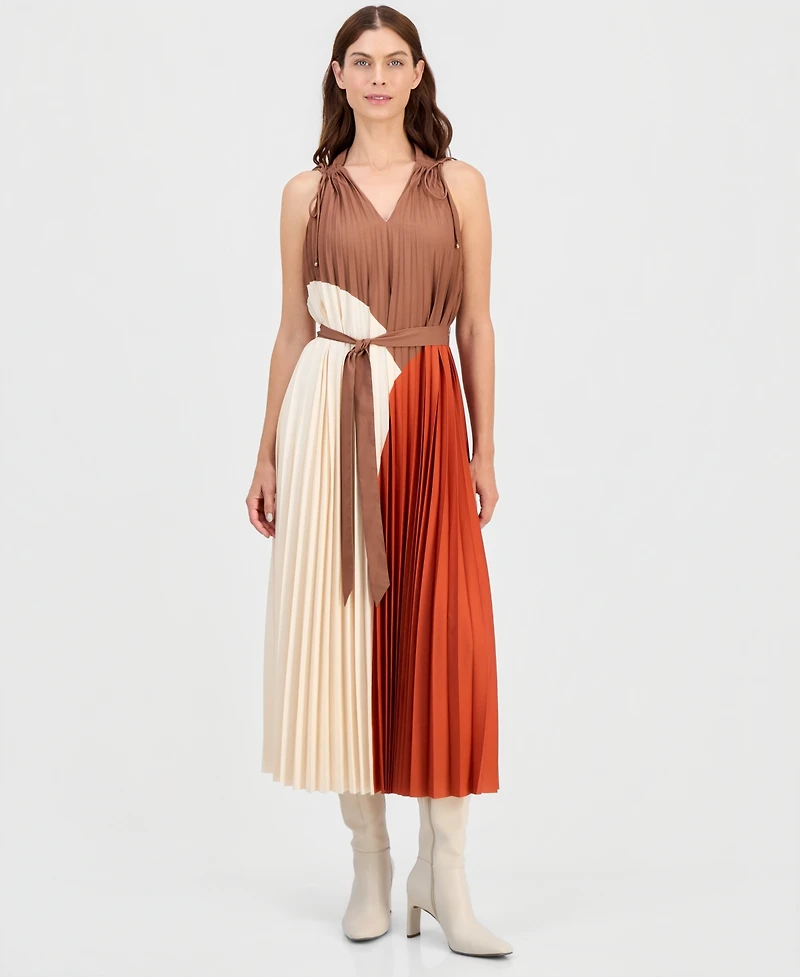 T Tahari Women's V-Neck Pleated A-Line Midi Dress