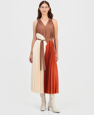 T Tahari Women's V-Neck Pleated A-Line Midi Dress