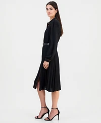 T Tahari Women's Contrast-Tipped Belted Long-Sleeve Shirt Dress