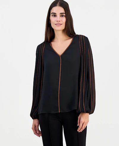 T Tahari Women's Contrast-Tipped V-Neck Blouse