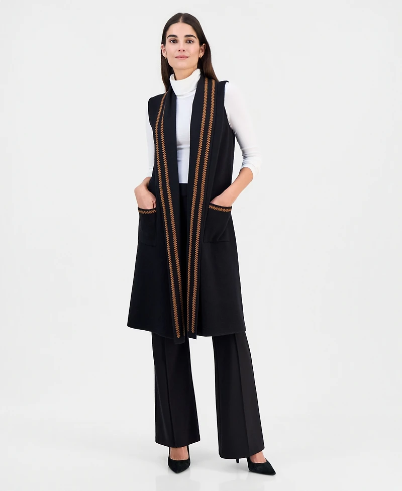 T Tahari Women's Whipstitch Sleeveless Open-Front Cardigan