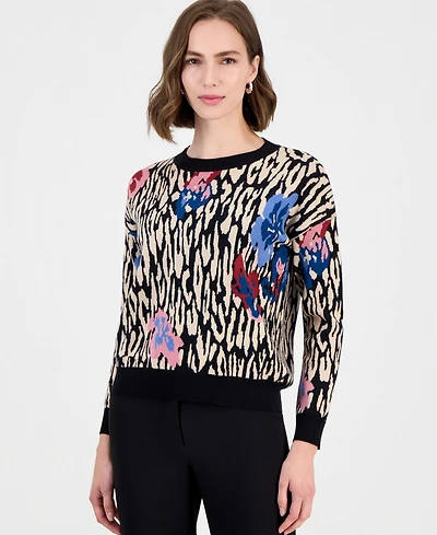 T Tahari Women's Leopard Floral Jacquard Crewneck Sweater