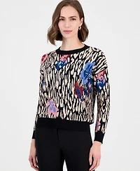 T Tahari Women's Leopard Floral Jacquard Crewneck Sweater