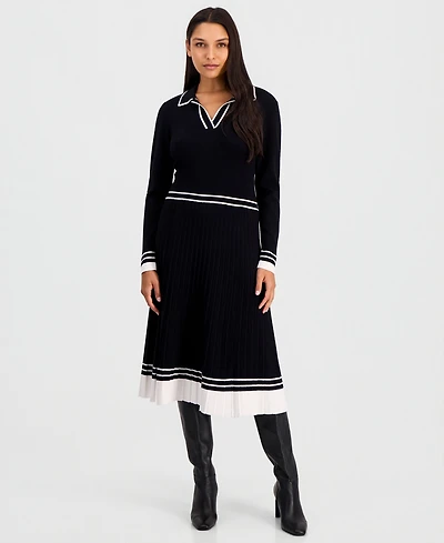 T Tahari Women's Color-Blocked Polo-Collar Midi Dress