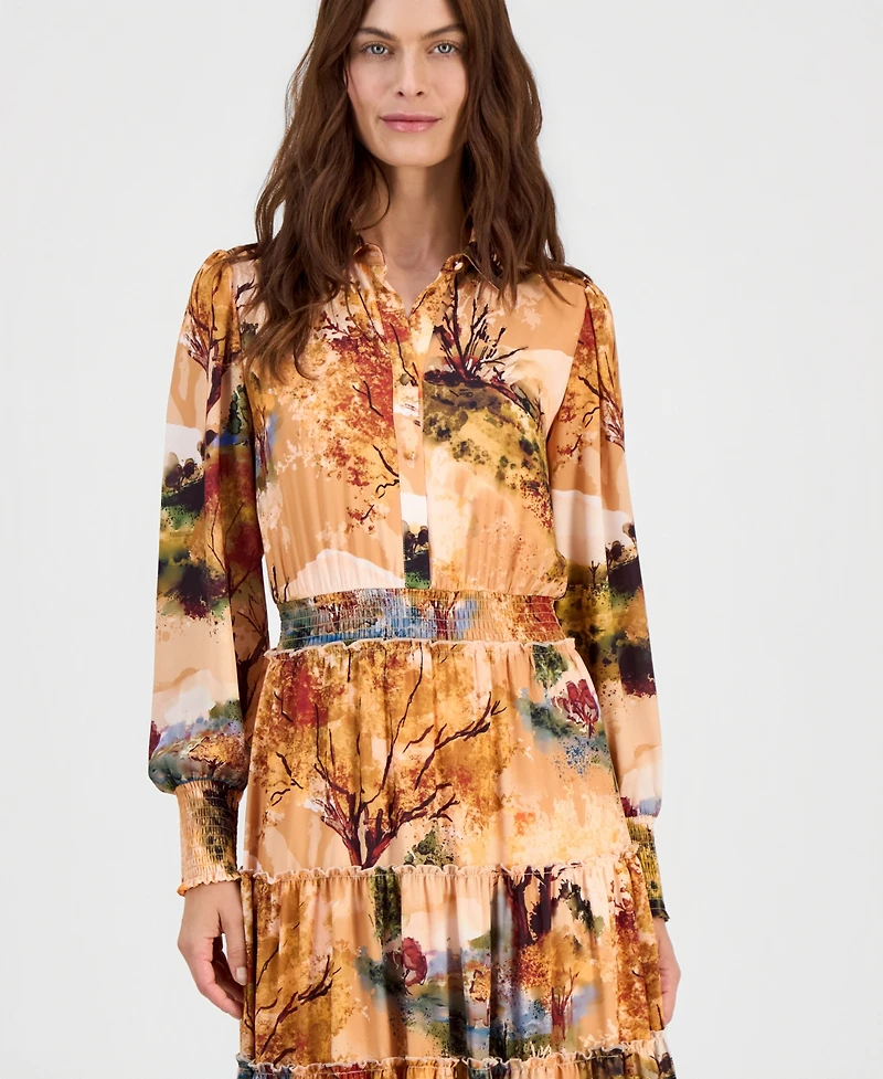 T Tahari Women's Printed Smocked-Waist Ruffle-Tiered Dress