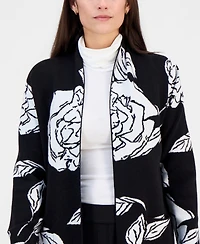 T Tahari Women's Floral-Jacquard Open-Front Cardigan