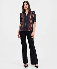 T Tahari Women's Printed Split-Neck Button-Down Blouse