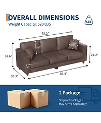 homfan 85 Inches 3-Seater Sofa with 2 Throw Pillows, Faux Leather Couch, Back Cushion, Support Feet for Living Room